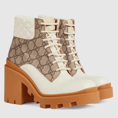 Gucci Ankle Boots in Beige GG Supreme with White Leather GGSS24002