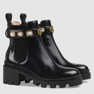 Gucci Ankle Boots in Black Leather with Crystals Strap GGSS24004