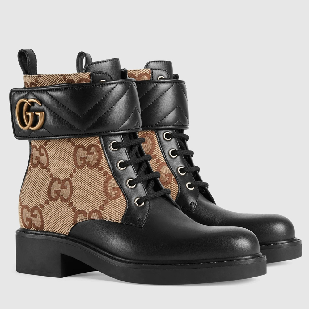 Gucci Ankle Boots with Double G in GG Canvas and Black Leather GGSS24010