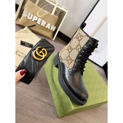 Gucci Ankle Boots with Double G in GG Canvas and Black Leather GGSS24010