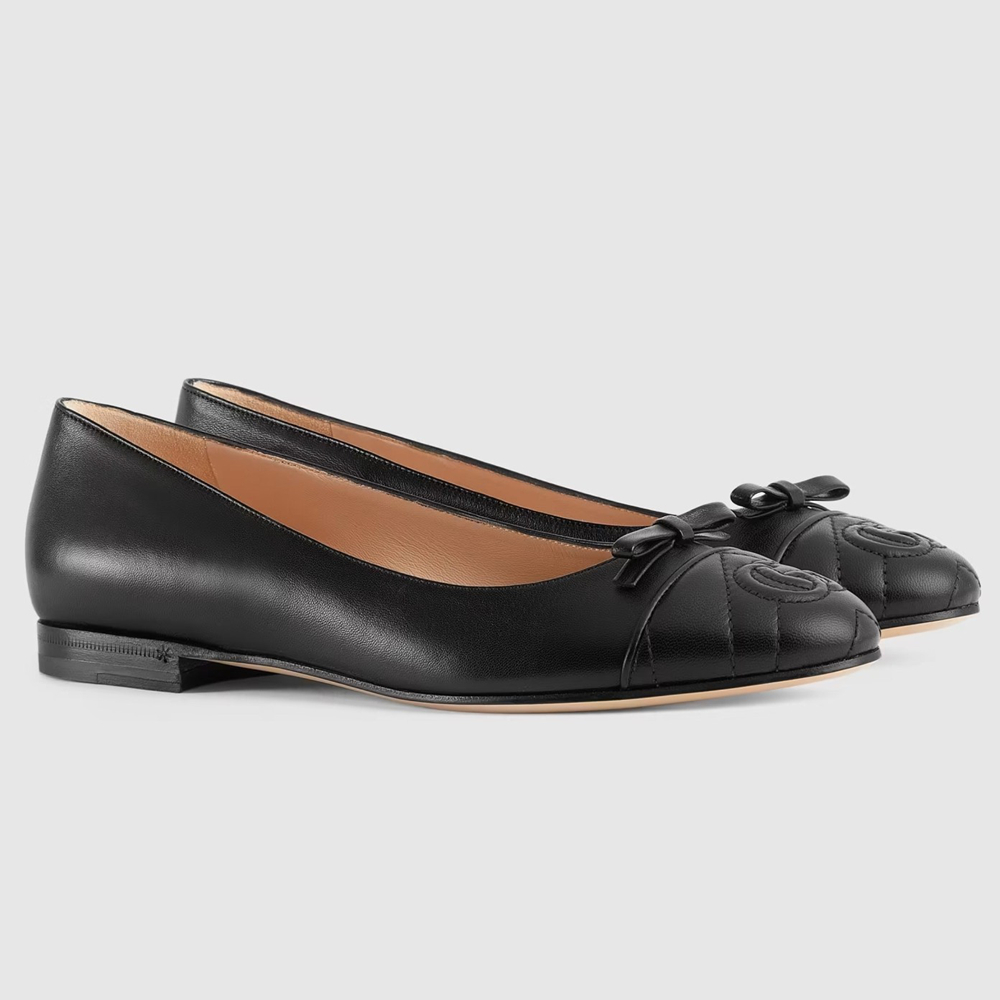 Gucci Ballet Flats in Black Leather with Stitched Interlocking G GGSS24041