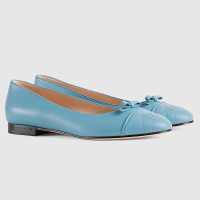 Gucci Ballet Flats in Blue Leather with Stitched Interlocking G GGSS24042