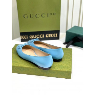 Gucci Ballet Flats in Blue Leather with Stitched Interlocking G GGSS24042