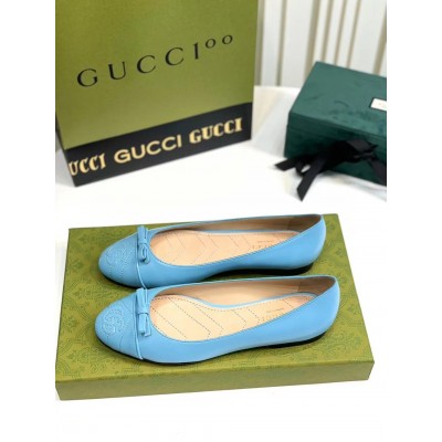 Gucci Ballet Flats in Blue Leather with Stitched Interlocking G GGSS24042