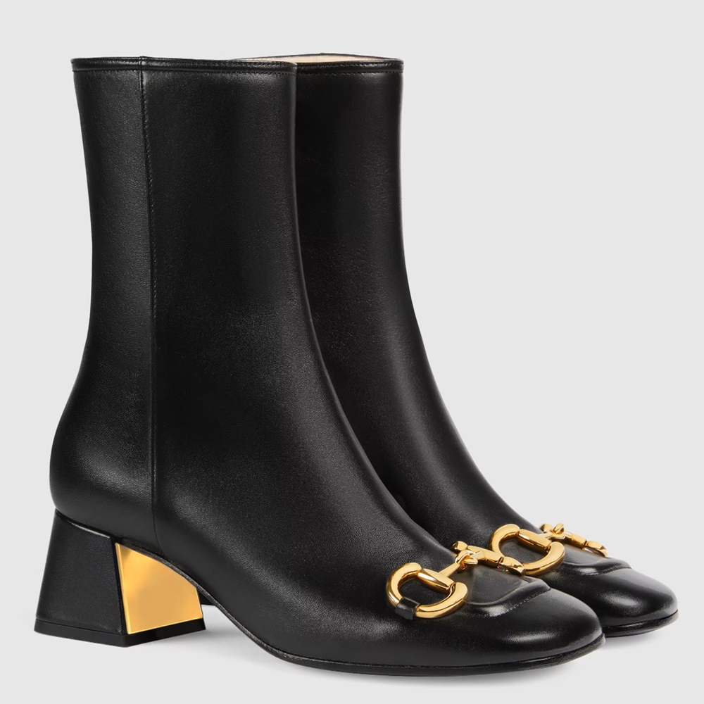 Gucci Black Leather 55MM Ankle Boots with Horsebit GGSS24011