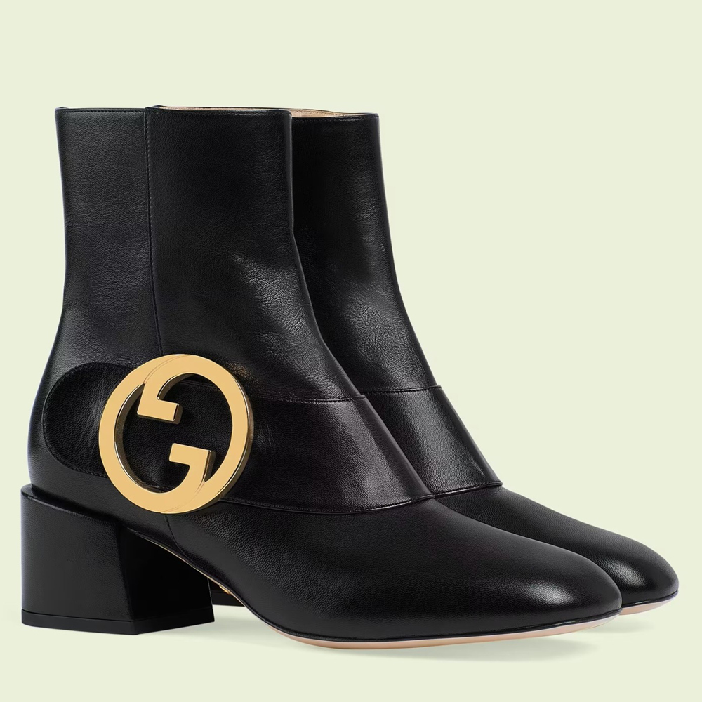 Gucci Blondie Ankle Boots in Black Leather with Interlocking G GGSS24014