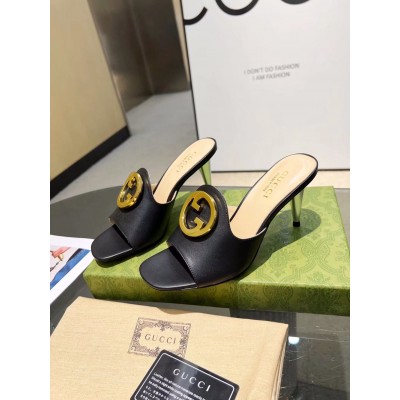 Gucci Blondie Slide Sandals 65mm in Black Leather GGSS24241