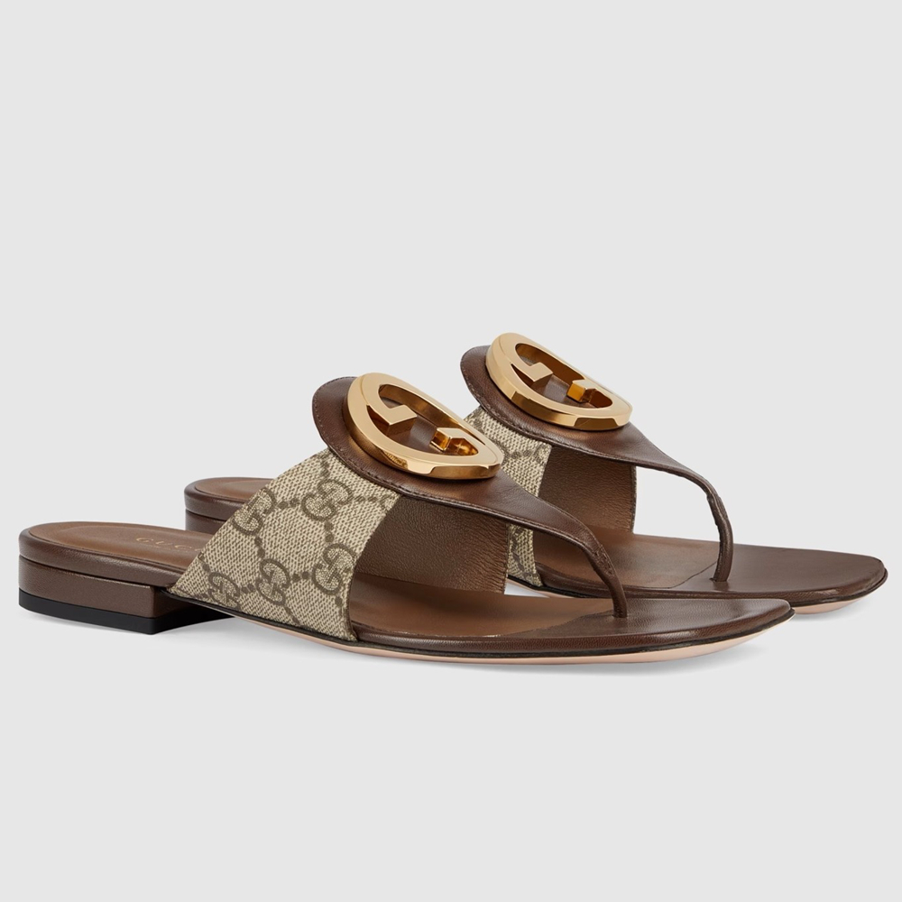 Gucci Blondie Thong Sandals in Beige GG Supreme Canvas GGSS24171