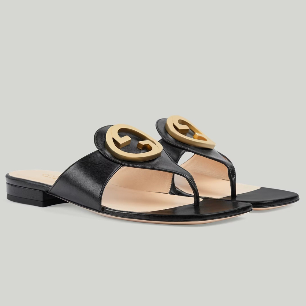 Gucci Blondie Thong Sandals in Black Leather GGSS24172