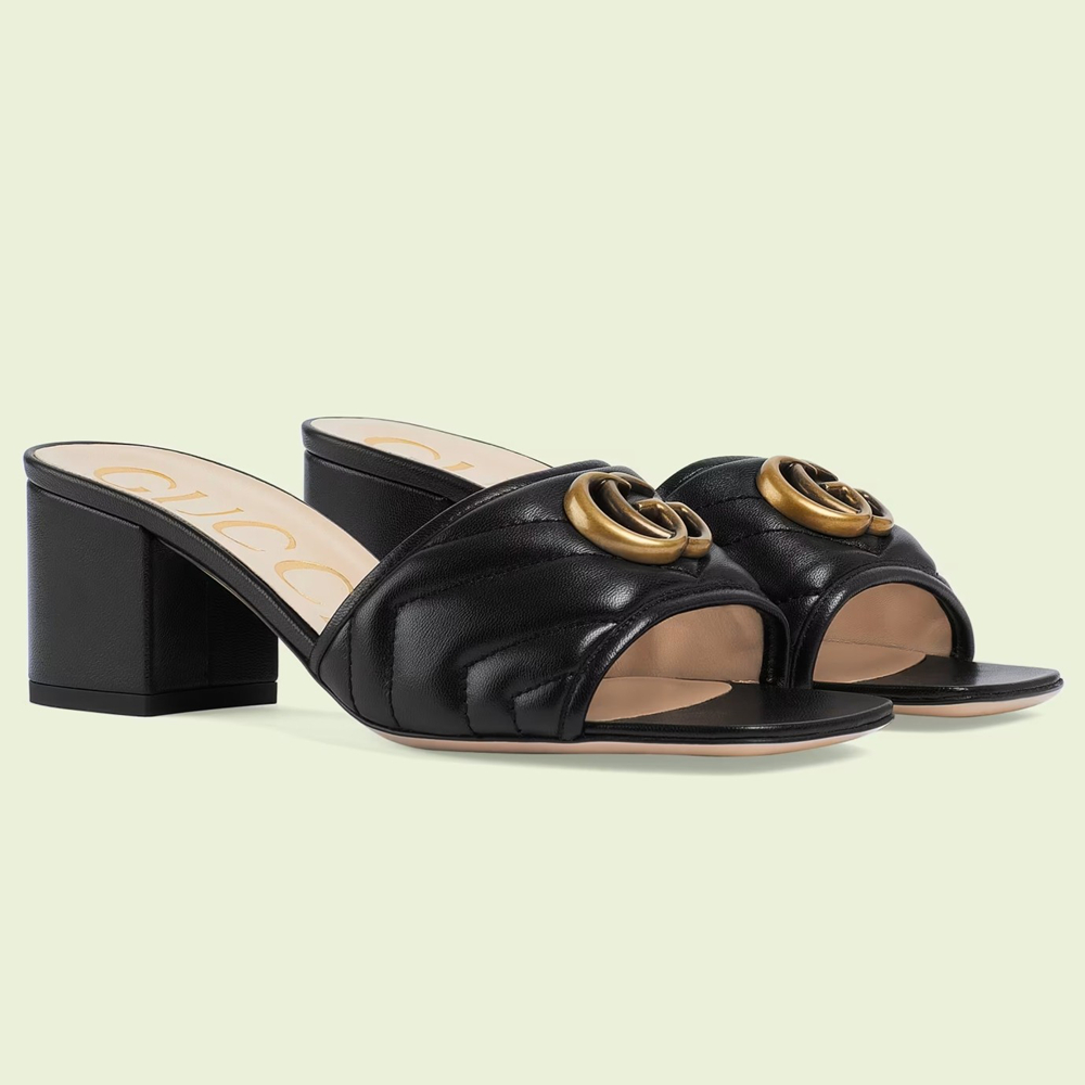 Gucci Double G Slide Sandals 55mm in Black Matelasse Leather GGSS24243