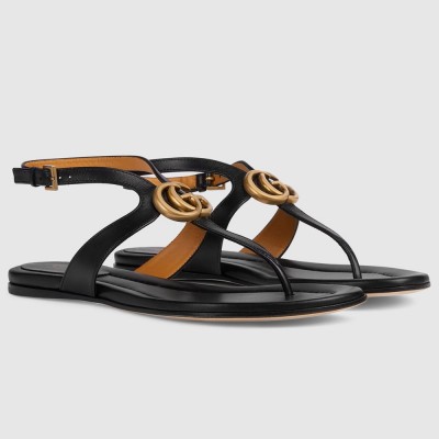 Gucci Double G Thong Sandals in Black Leather GGSS24178