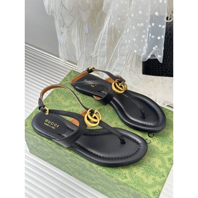 Gucci Double G Thong Sandals in Black Leather GGSS24178