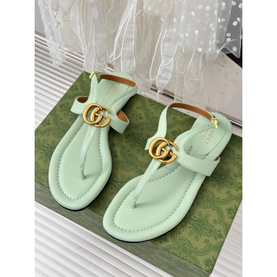 Gucci Double G Thong Sandals in Light Green Leather GGSS24180