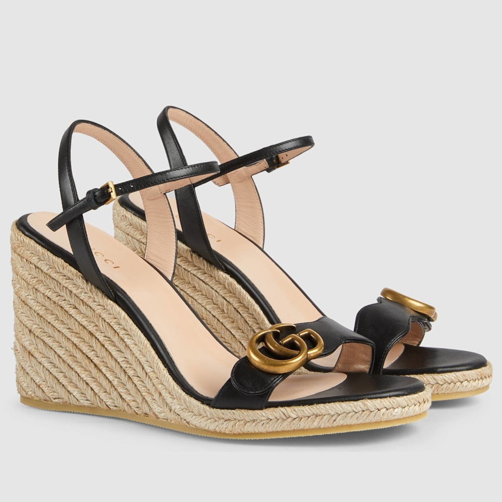 Gucci Espadrille Wedge Sandals In Black Leather GGSS24033