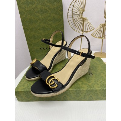 Gucci Espadrille Wedge Sandals In Black Leather GGSS24033