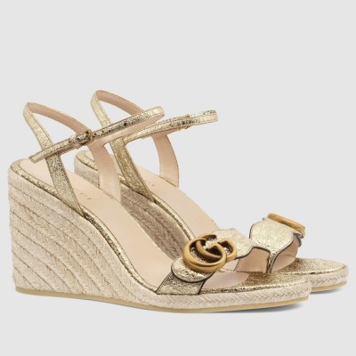 Gucci Espadrille Wedge Sandals In Gold Metallic Leather GGSS24035