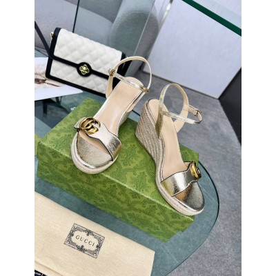 Gucci Espadrille Wedge Sandals In Gold Metallic Leather GGSS24035