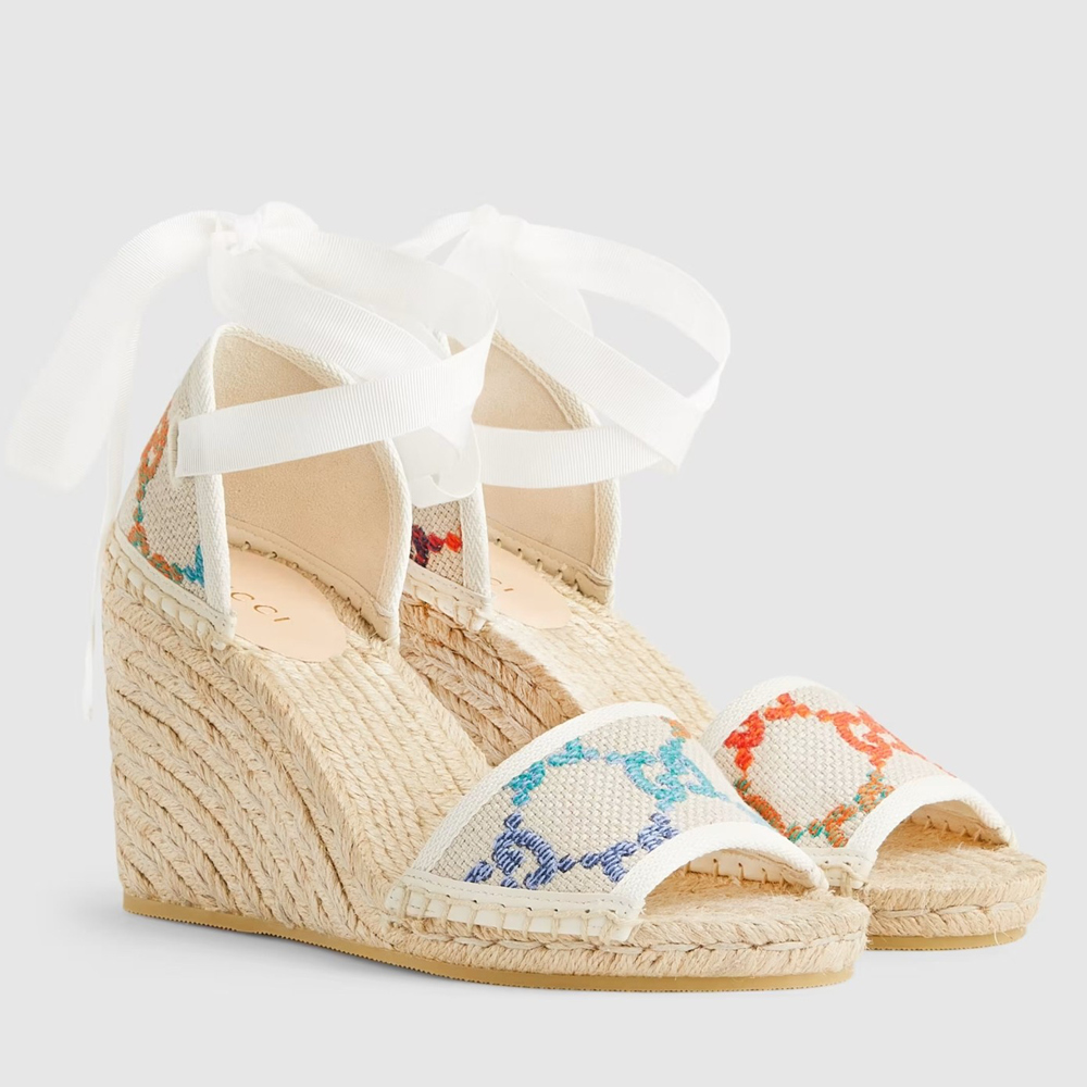 Gucci Espadrille Wedge Sandals In Multicolor GG Linen GGSS24036