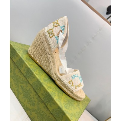 Gucci Espadrille Wedge Sandals In Multicolor GG Linen GGSS24036