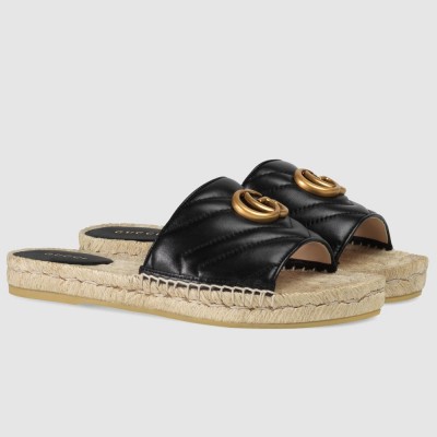 Gucci Espadrilles Slides in Black Matelasse Leather with Double G GGSS24037