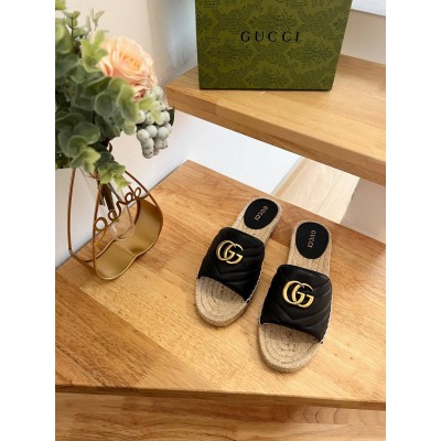 Gucci Espadrilles Slides in Black Matelasse Leather with Double G GGSS24037