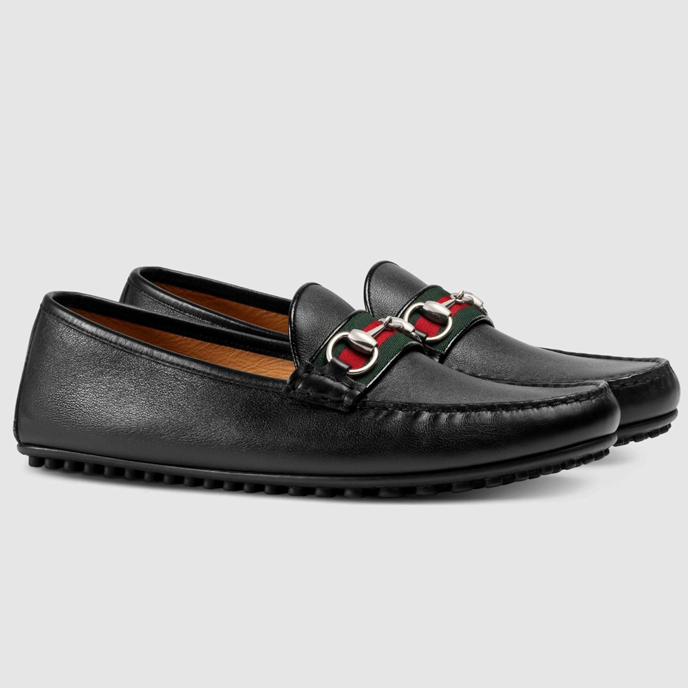 Gucci Horsebit Drive Loafers in Black Leather with Web GGSS24062