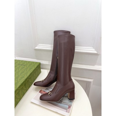 Gucci Horsebit Knee-High Boots 75mm in Dark Brown Leather GGSS24021