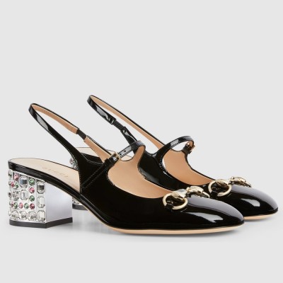 Gucci Horsebit Mary Jane Pumps 55mm in Black Patent with Crystals GGSS24137