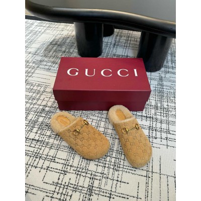 Gucci Horsebit Mules in Beige GG Suede with Shearling GGSS24126