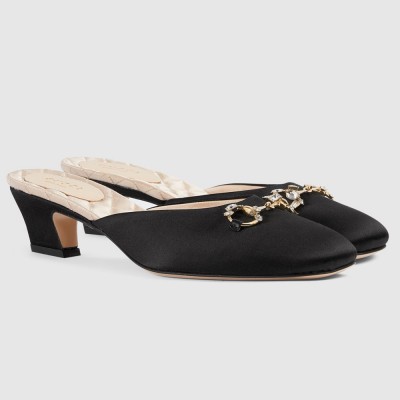 Gucci Horsebit Mules in Black Satin with Crystals GGSS24127