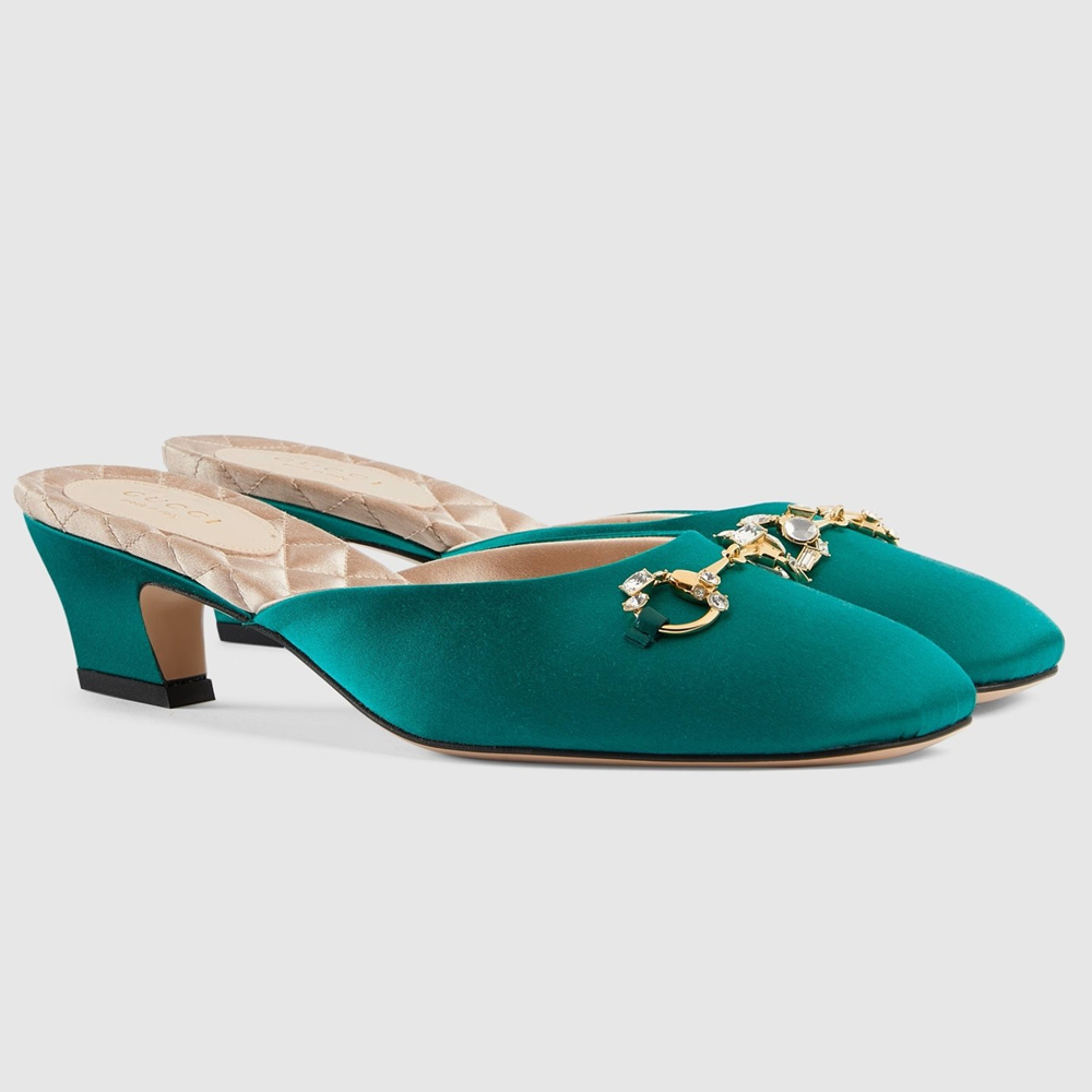 Gucci Horsebit Mules in Green Satin with Crystals GGSS24128