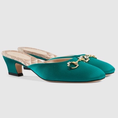 Gucci Horsebit Mules in Green Satin with Crystals GGSS24128