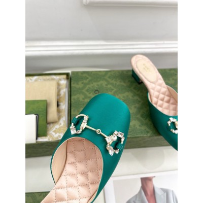 Gucci Horsebit Mules in Green Satin with Crystals GGSS24128