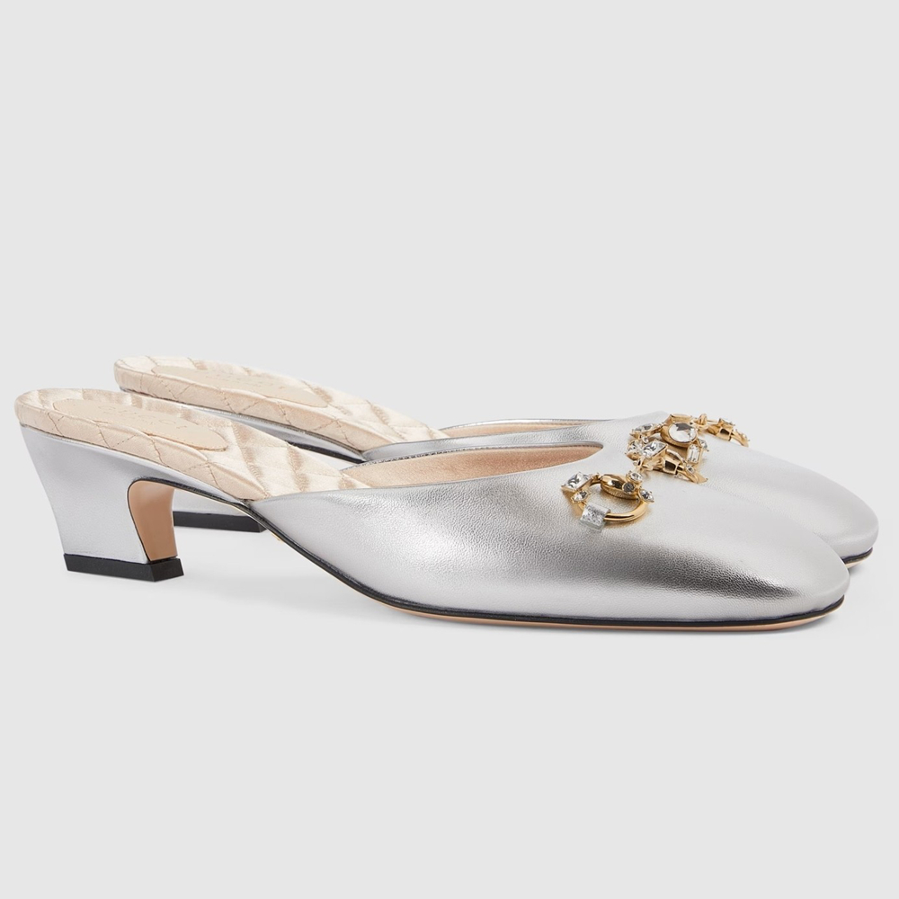 Gucci Horsebit Mules in Silver Metallic Leather with Crystals GGSS24129