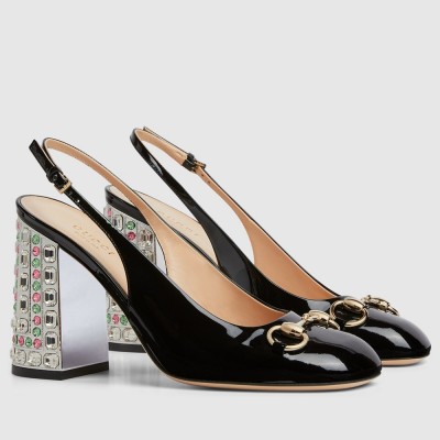 Gucci Horsebit Pumps 95mm with Crystals in Black Patent Leather GGSS24141