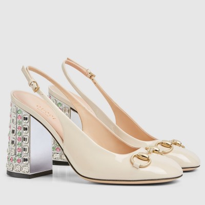 Gucci Horsebit Pumps 95mm with Crystals in White Patent Leather GGSS24142