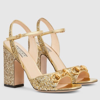 Gucci Horsebit Sandals 95mm in Metallic Gold Leather with Crystals GGSS24190