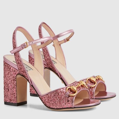 Gucci Horsebit Sandals 95mm in Metallic Pink Leather with Crystals GGSS24191