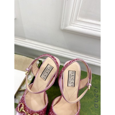 Gucci Horsebit Sandals 95mm in Metallic Pink Leather with Crystals GGSS24191