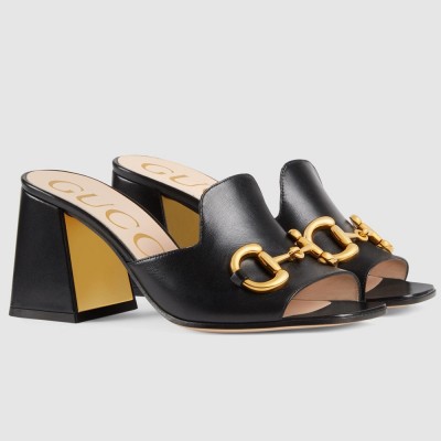 Gucci Horsebit Slide Sandals 75mm in Black Leather GGSS24248