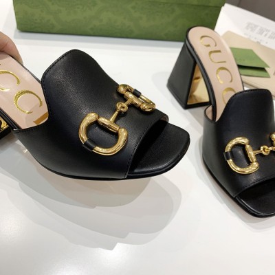 Gucci Horsebit Slide Sandals 75mm in Black Leather GGSS24248