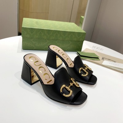 Gucci Horsebit Slide Sandals 75mm in Black Leather GGSS24248