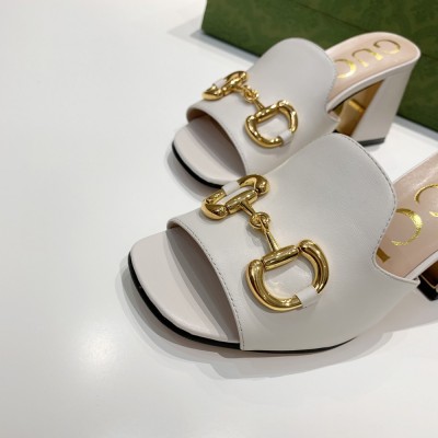 Gucci Horsebit Slide Sandals 75mm in White Leather GGSS24249