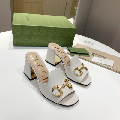 Gucci Horsebit Slide Sandals 75mm in White Leather GGSS24249