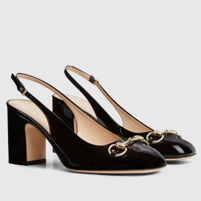 Gucci Horsebit Slingback Pumps 75mm in Black Patent Calfskin GGSS24146