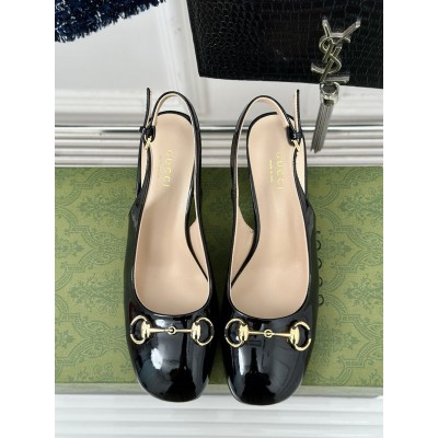 Gucci Horsebit Slingback Pumps 75mm in Black Patent Calfskin GGSS24146