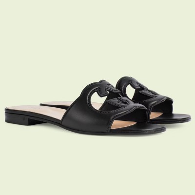 Gucci Interlocking G Cut-out Slide Sandals in Black Leather GGSS24252