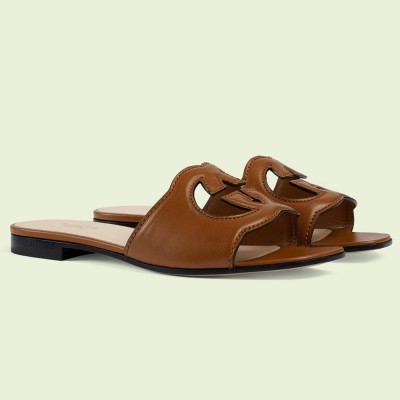 Gucci Interlocking G Cut-out Slide Sandals in Brown Leather GGSS24253