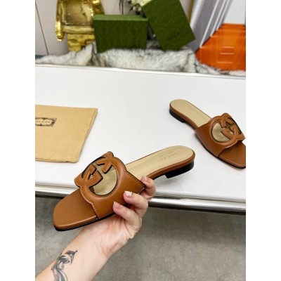 Gucci Interlocking G Cut-out Slide Sandals in Brown Leather GGSS24253