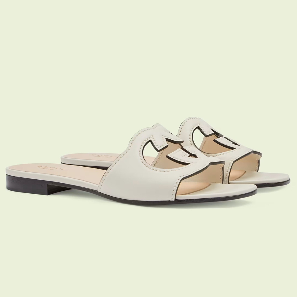 Gucci Interlocking G Cut-out Slide Sandals in White Leather GGSS24254